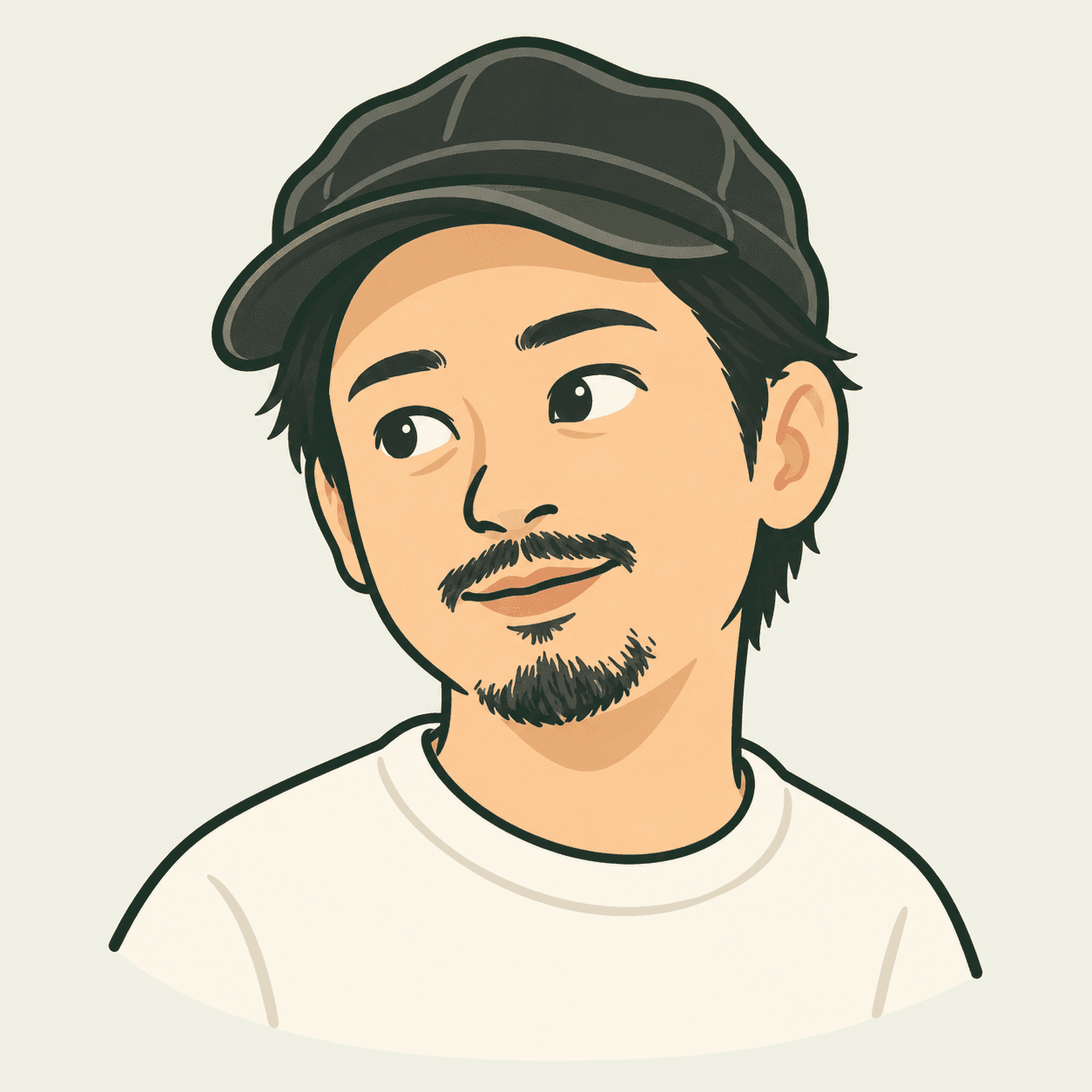 帽子と髭が特徴の、大川ケンタの似顔絵